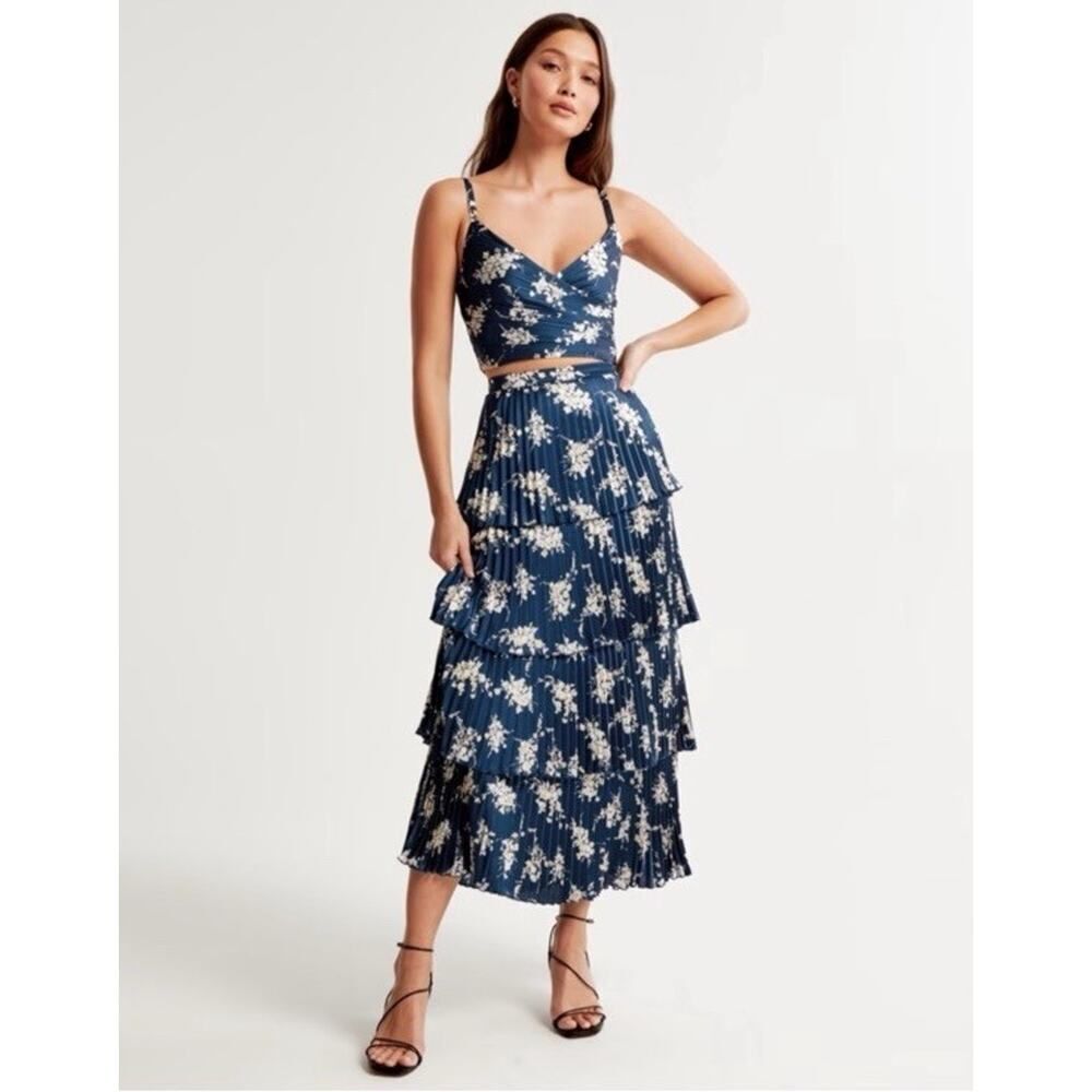 Abercrombie & Fitch Navy Blue Floral Tiered Midi Dress